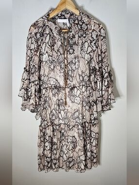 See By Chloé Python Print Midi Dress Silk Blend Chiffon Ruffles L Large Brown